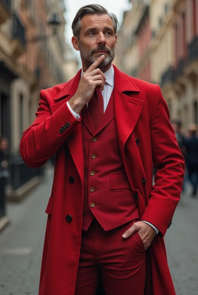 a gentlemen wearing a red pants,red coat,red tie and a white shirt thinking about something...his one hand's position in the pocket and other hand on the chin of him.make sure he is in the center of the picture and looking at us from standing in the center