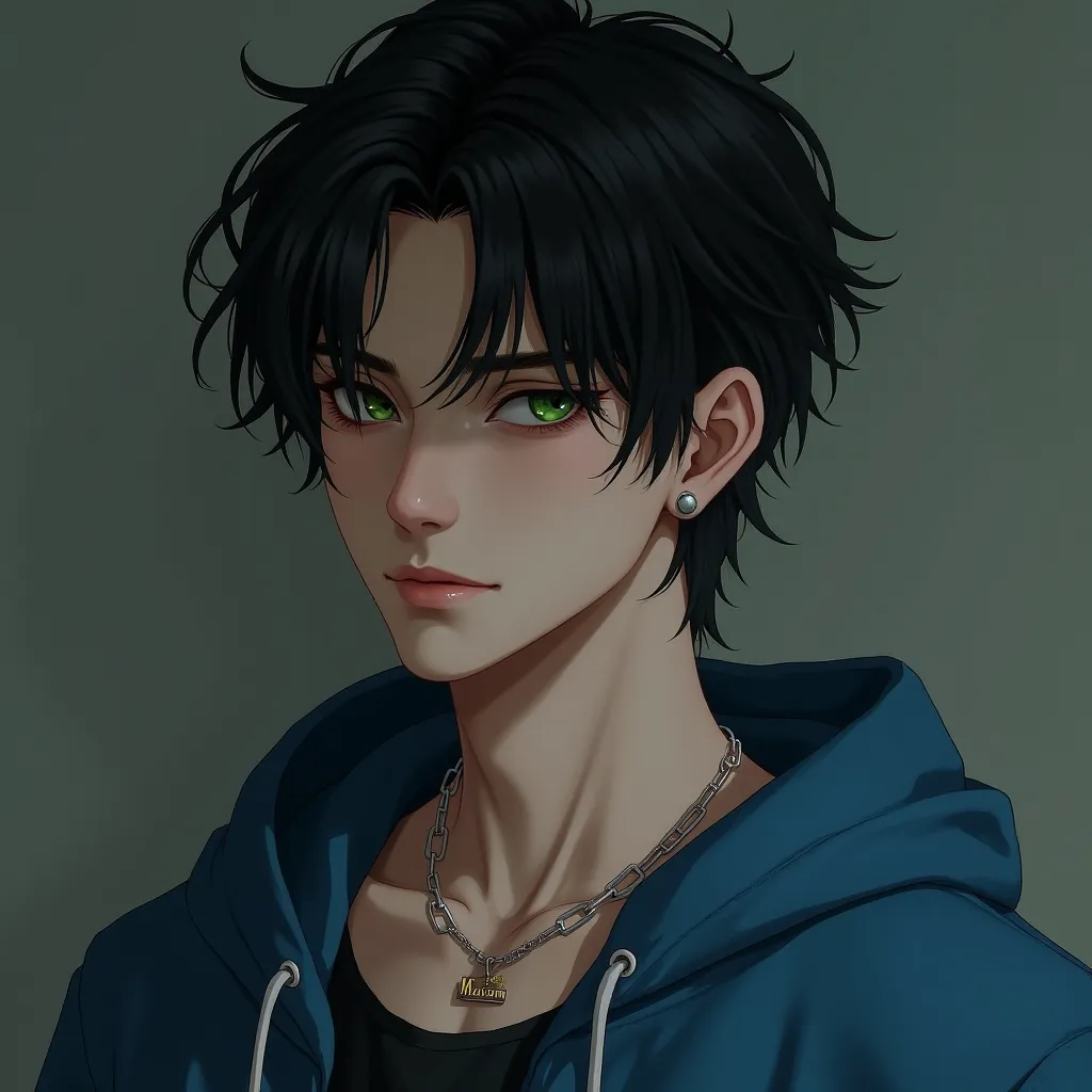 A 21 year old man, very sharp features, thin lips, green eyes, dark black hair, soft, fair skin, and hunter eyes.
He is wearing a blue hoodie and a small necklace with the name Mariam on it.