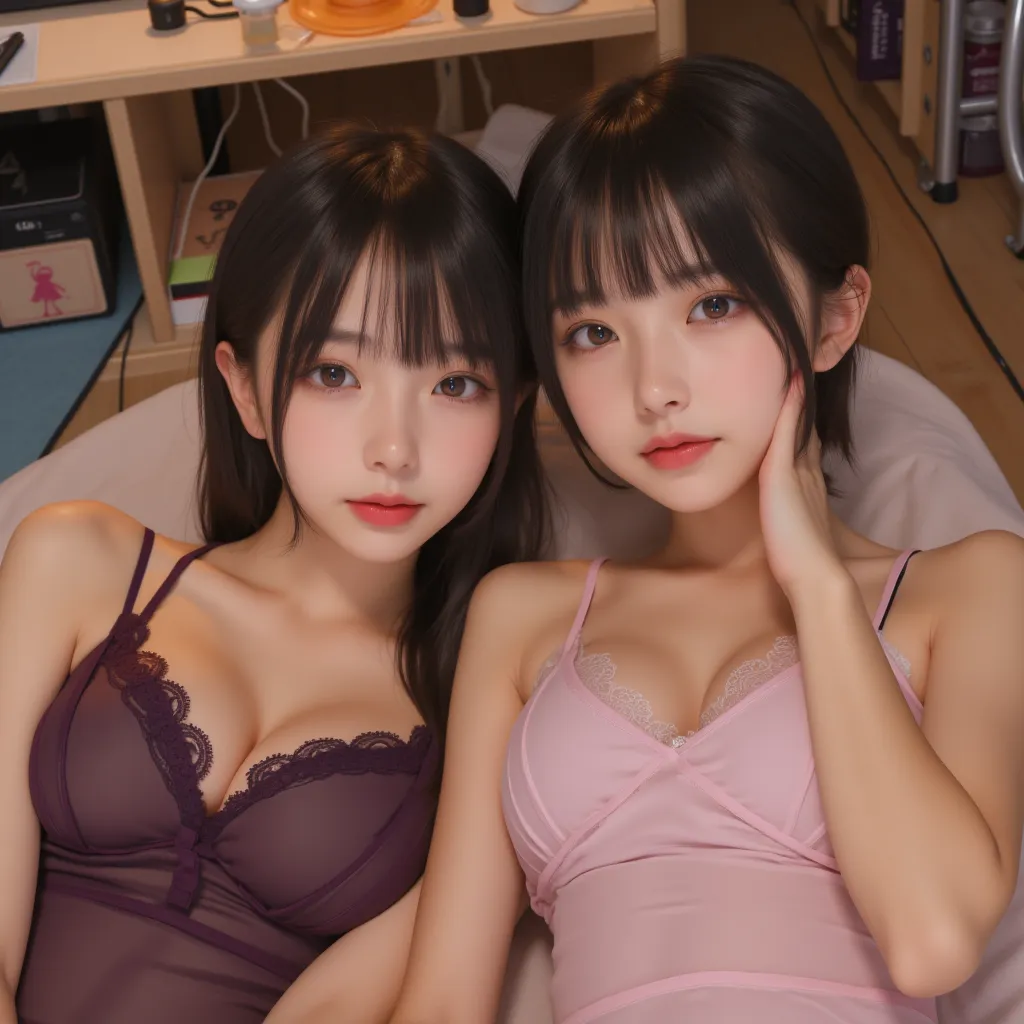 cuteloli,loli,hyper realistic,HD,best quality,(14-years-old),(sexy negligee),looking at viewer,depth of field,full_body_shot,from_above,otaku room,twins,lie