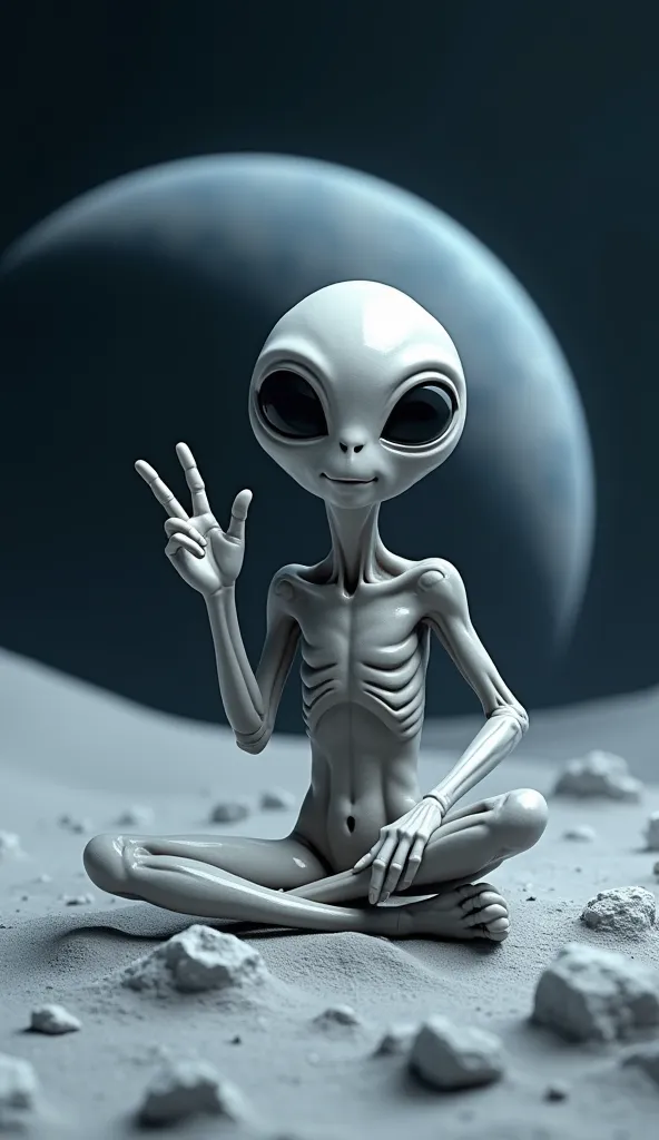 A light gray alien, with large dark eyes and a slight smile, is seated on a lunar landscape. The alien is positioned in the middle-ground of the image, slightly angled toward the viewer, and is making a peace sign with one hand.  The alien's body is slende...