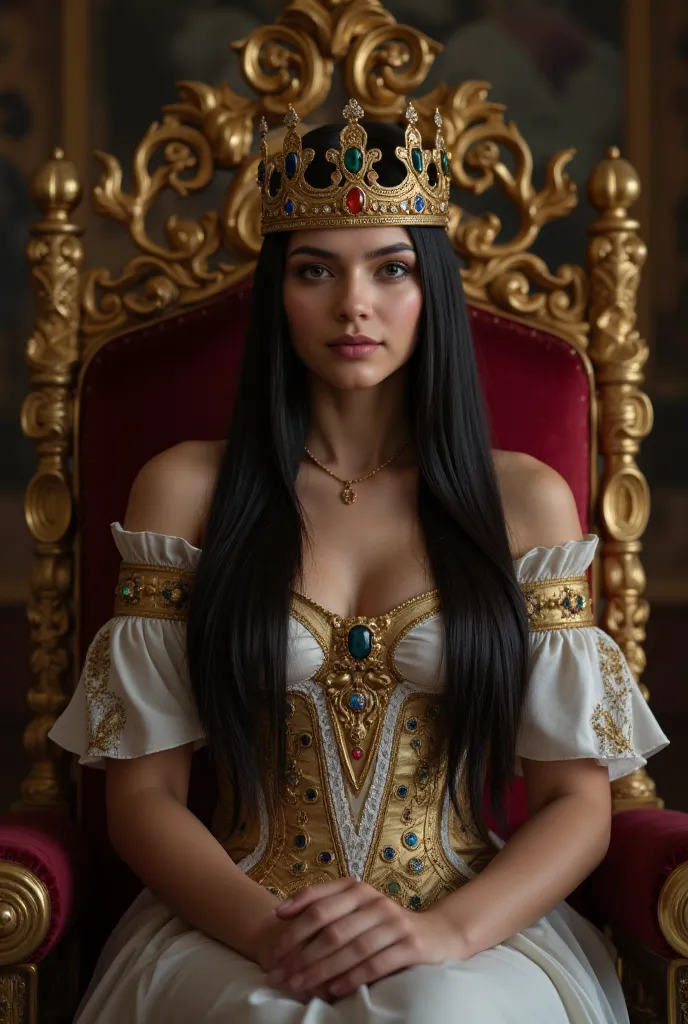 The scene depicts the servitude of a faithful knight and the protection of his queen Grazyna - a slender beautiful woman with long black straight hair , has a golden crown adorned with colored precious stones and diamonds . Queen Grazyna sits on the throne...