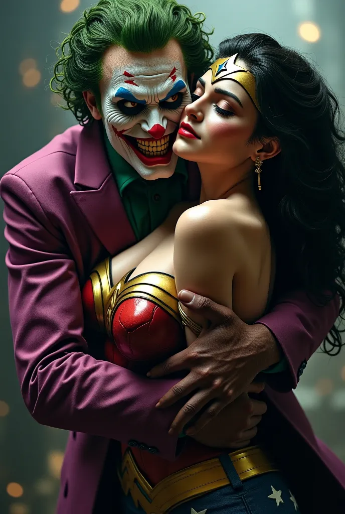 Joker overwhelmingly defeats and dominates Wonder Woman, And the one held behind her waist and hair, she moans in pain with her breasts that are unusually large and her head pulled back 