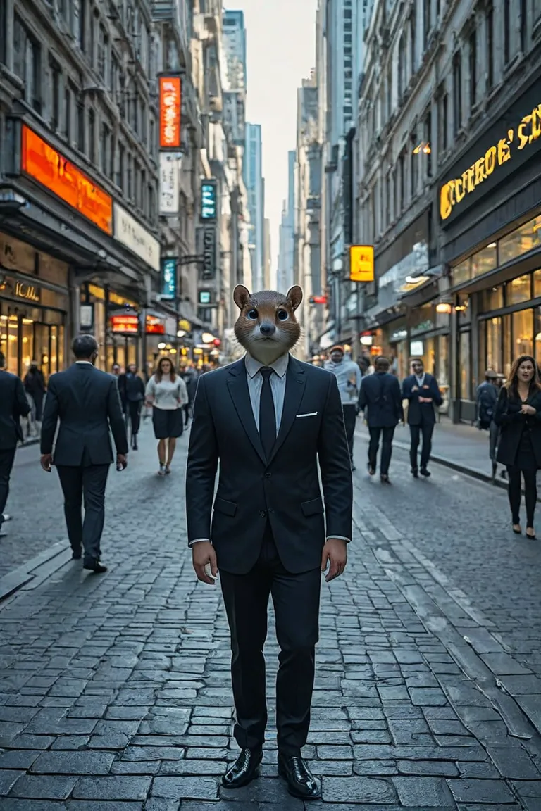 Squirrel man dressed classy in a city 