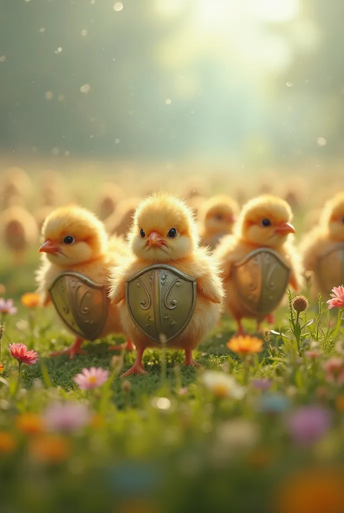 Stv faut que se sois sur un gros plan une prairie avec énormément de petit poussins grosse écriture avec des poussin du genre chevalier (pour représenter les boucliers ect)