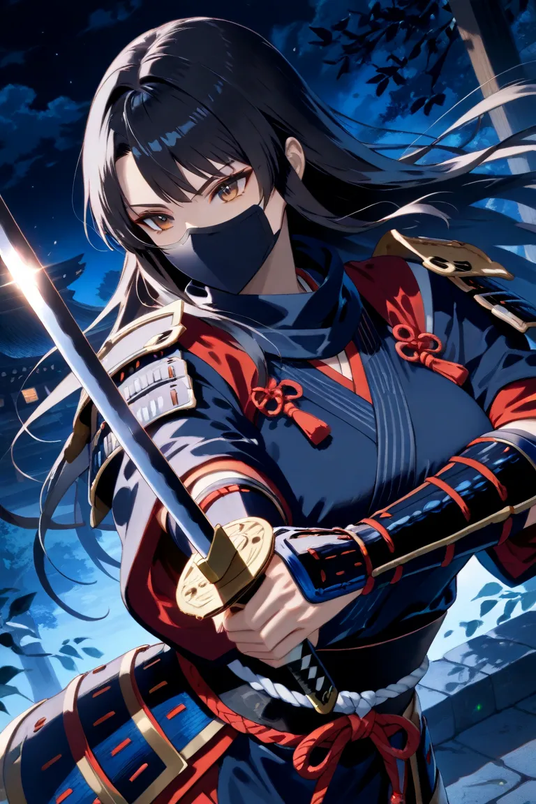 masterpiece, top quality,  beautiful woman ,  character emphasis , One person, upper body, long hair, samurai, Ninja,  Japanese Armor ,,In a pose holding a sword, Dynamic Angle, focus on your face,  Moonlit Night, Ancient Kyoto