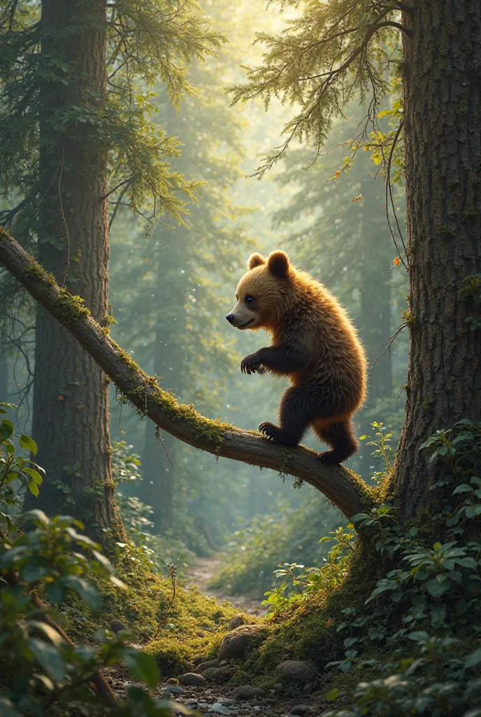 A baby brown bear carefully walking along the branches of a tall tree in the heart of a lush forest. The branches sway gently under its small, cautious steps as the bear balances skillfully, its fluffy coat blending with the surrounding greenery. Sunlight ...