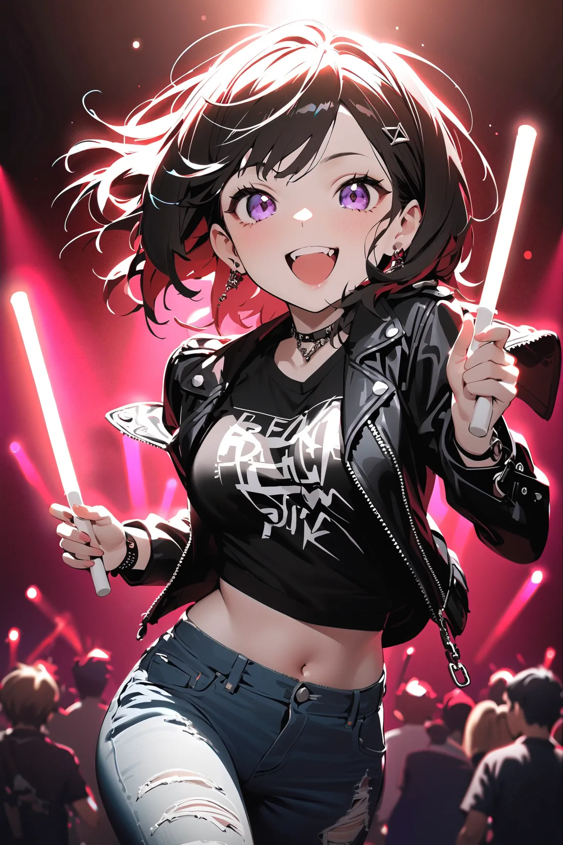 1 girl, (cute face), ager, various hairstyles, (excited expression), (punk style), medium breasts, slim, (wearing a black leather jacket), (ripped jeans), (band t-shirt), (colorful accessories), 
BREAK 
concert stage, crowd, (holding a glow stick:1.2), (ju...