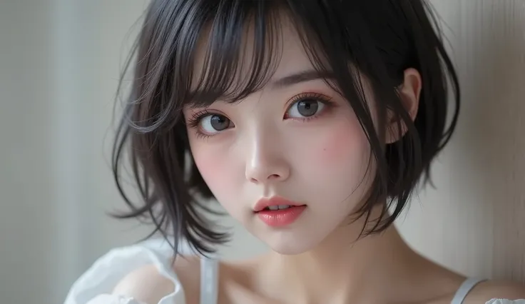 8k,Ultra High Resolution , highest quality, masterpiece,rule of thirds,golden ratio,surreal, photos, one woman,( girls:1.3),cute,cute顔, Beautiful Eyes in Every Detail , 細かくdetails,mature woman,princess,upper body,smile, black hair,Short Layered cut,ID ph...