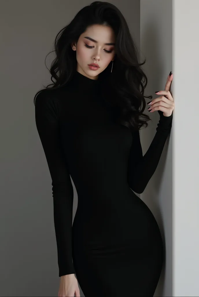 woman in black turtleneck apped