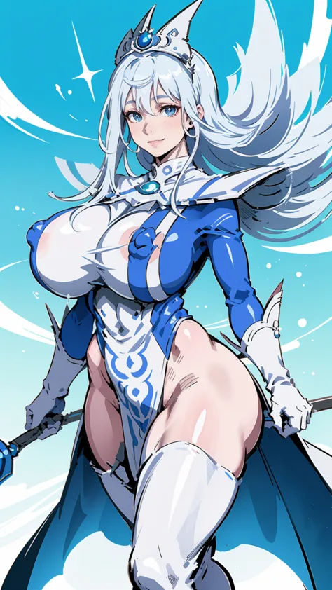 Silent magician, milf, old woman, ((  flushed, smile coqueta, blue eyes)) ,  (( flushed, smile, oiled skin)), white hair, long hair,  spiky hair, curvy body, (( big sagging breast,  wide hips, wide thighs)), long legs,  Iparuputsua, cameltoe,  looking down...