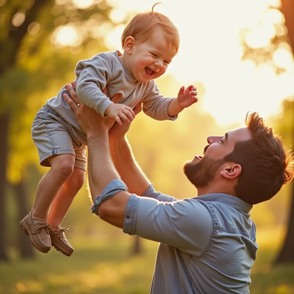 "A father joyfully tossing his young  into the air while the  laughs fearlessly. The father’s hands are ready to catch the , symbolizing trust. The background is a bright and happy outdoor setting with warm lighting."