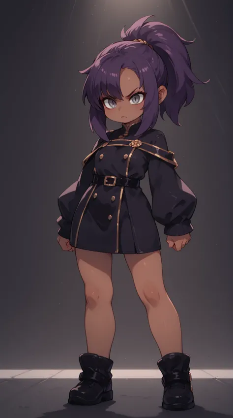 1人の女の子（とても幼い）、full body、,purple hair,very long hair,short ponytail,sidelocks,grey eyes, slit pupils,spy, determined,bat ears, dark skin