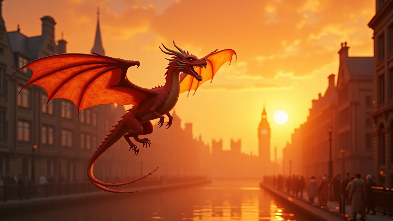 sunset in the summer, landscpe is victorian london, with the sun just risen, mist, with a very detailed orange dragon flying in the sky,