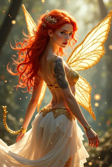 Curvy red-haired fairy with tattoos, alas, dressed in white and gold