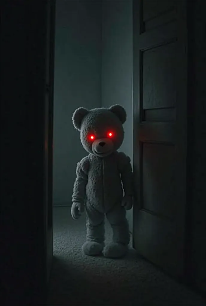 *"In a dark corner of the nursery, another ghostly  (second baby Wraith) appears, half-hidden in shadows. Its **misty gray body** flickers slightly, and its **bright red-glowing eyes** lock onto the teddy bear."*  