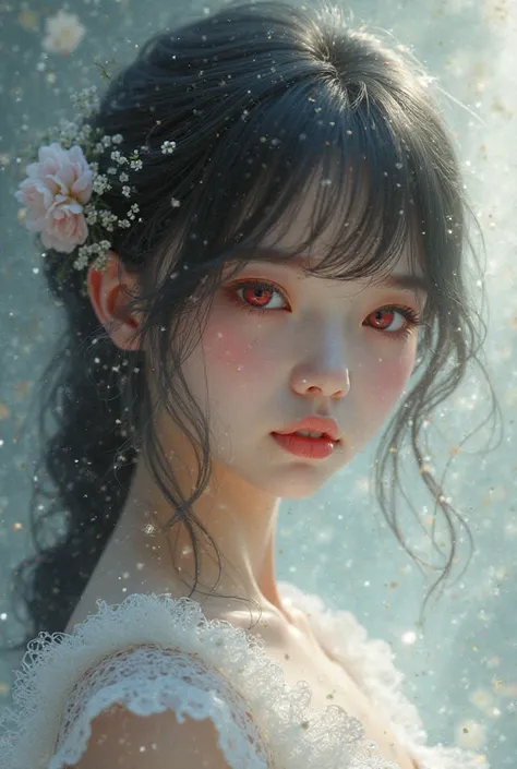 A  girl with red cheeks, black hair, red eyes, white dress