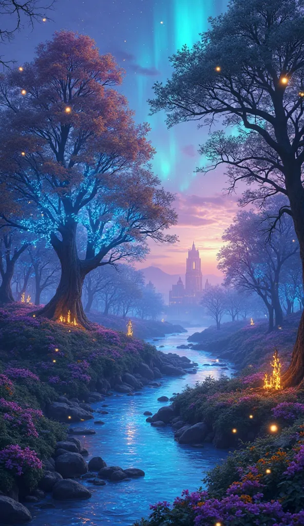 A majestic, ultra-HD fantasy landscape featuring a glowing enchanted forest under a mystical twilight sky. Bioluminescent trees with neon blue and purple leaves softly illuminate the surroundings, while a crystal-clear river reflects the shimmering aurora ...