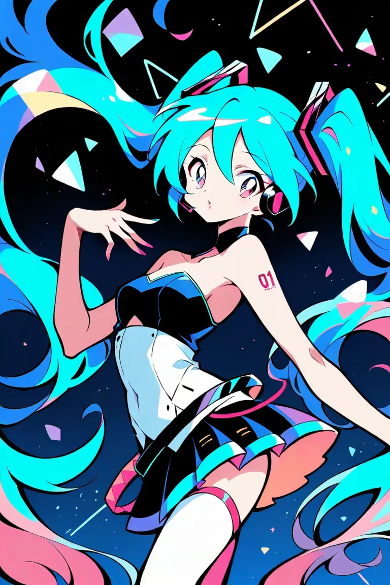 (has the best quality, sketch:1.2),practical, illustration designer  ,cunning，  mealioff  ,1 girl,   Hatsune Miku  ， delicate lips , hand， strapless， Neon long hair  ,  high ponytail green  ， skirt，  masterpiece,  This style is very retro, DJ.Emphasize out...