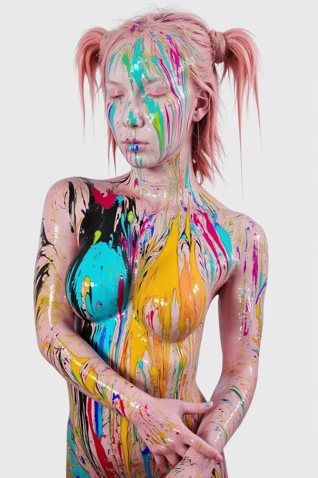 High resolution, (Photorealistic:1.4, RAW shooting), (Portrait), (Full body shot:2), Girl, Solo, Cute, Sexy, Nude, Sexy pose, (My Hair covered in gooey colorful paint:1.5), (Ecstasy face:1.5), (Closed eyes:0.8), (My full face is completely covered in gooey...