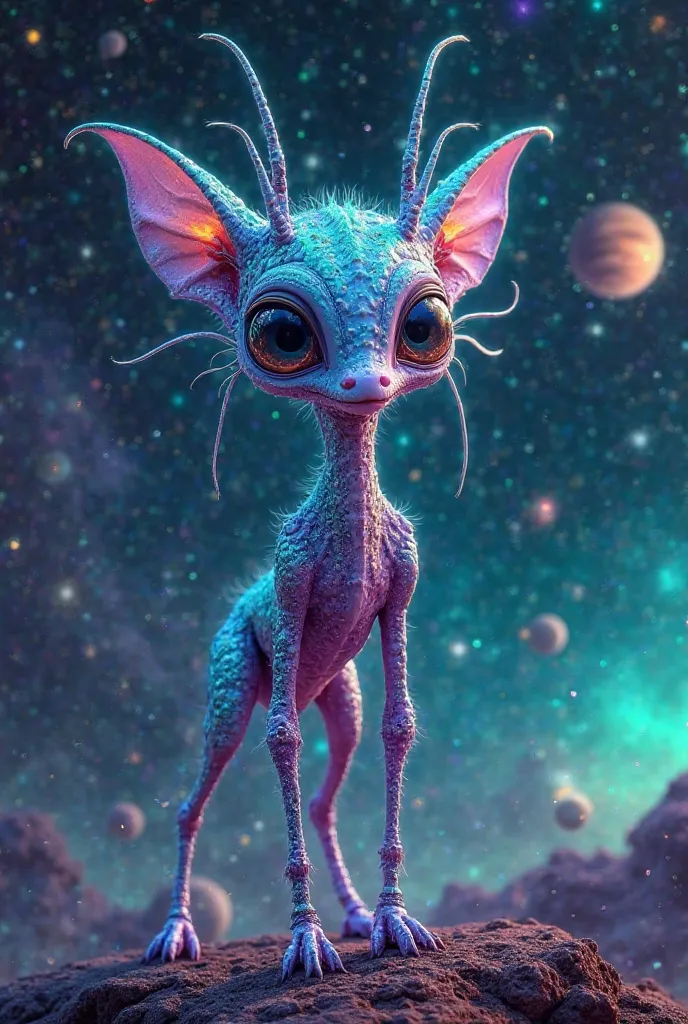 An exotic-looking quadruped alien in a cosmic environment. Its body is covered by luminous and iridescent skin, reflecting vibrant tones in blue, purple and neon green. It has large, multifaceted eyes that shine like jewels, long and sinuous antennas that ...