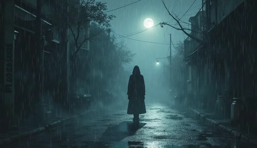 Create an atmospheric scene set on a rain-soaked, dimly lit street under a soft, silver moon. In the center, depict a solitary figure cloaked in melancholy, their silhouette subtly blurred by the falling rain, evoking a sense of lost love and deep sorrow. ...