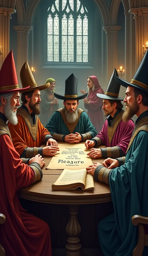 A group of medieval religious leaders dressed in elaborate robes and tall hats, sitting around a grand wooden table covered in scrolls and old books. They have serious, disapproving expressions as they debate and point at a parchment with the words 'Too Mu...