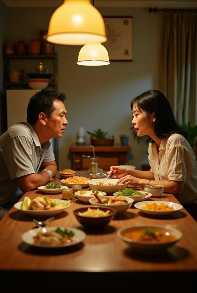 A highly detailed, sharp, and clear 4K image of a family dining room. On the table, there is a bowl of fish sour soup (canh chua cá) along with various traditional Vietnamese dishes, surrounded by kitchen utensils and household items. The room is illuminat...