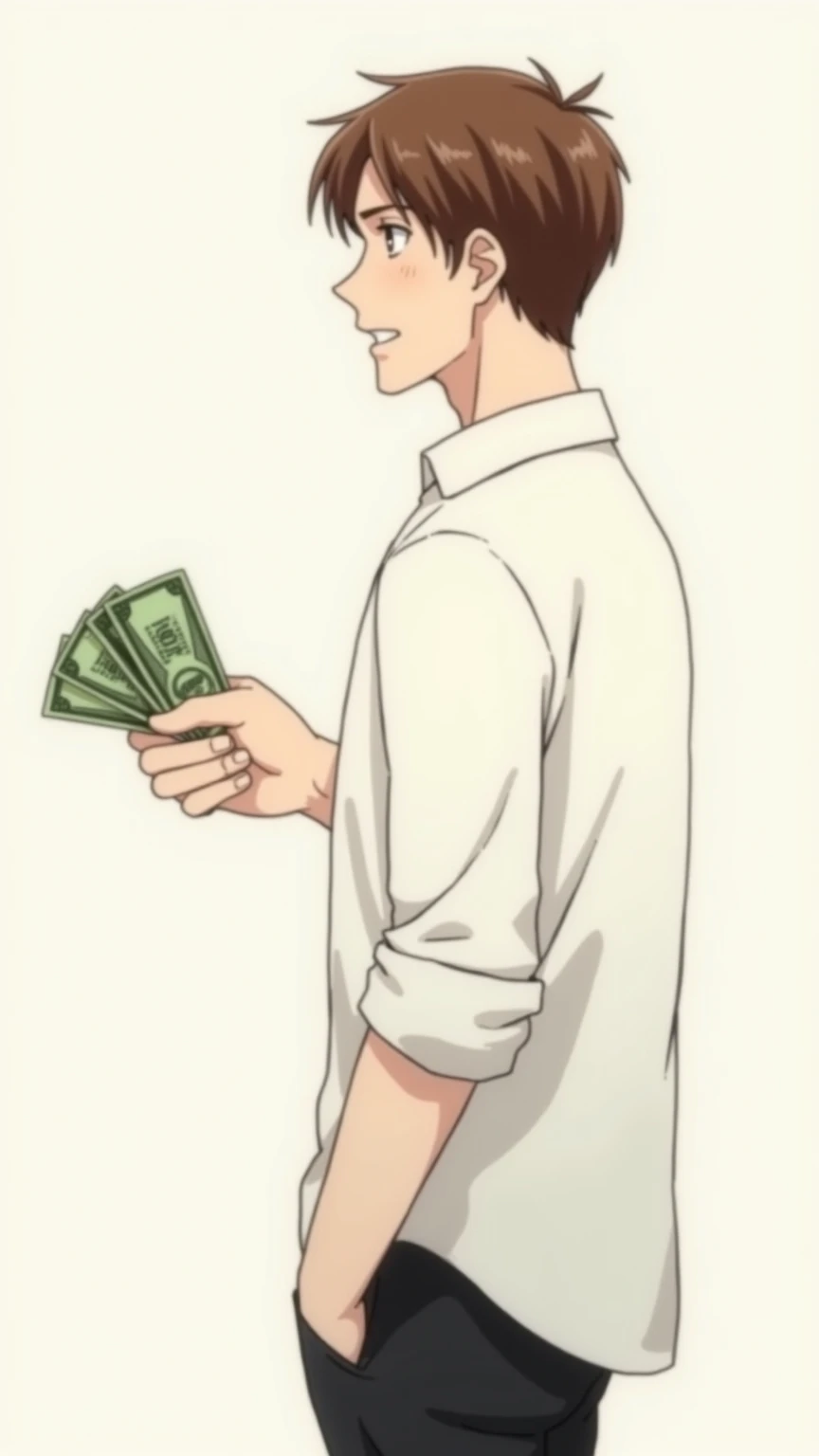 Anime style. A man with brown hair in a full-length white shirt.  light background. He's standing by our side. Side view of him. He hands out cash dollars with his hand, wanting to buy something. He looks very happy.  black pants. he is 40 years old.