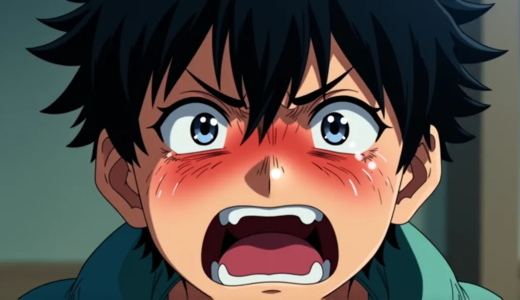 Create Manga image: a   with short, black hair and short hair with red cheeks crying with his mouth wide open, close-up 