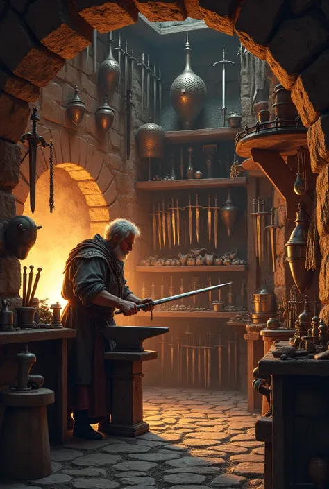 create detailed realistic medieval fantasy image, inside of a shop that offers weapons and armor