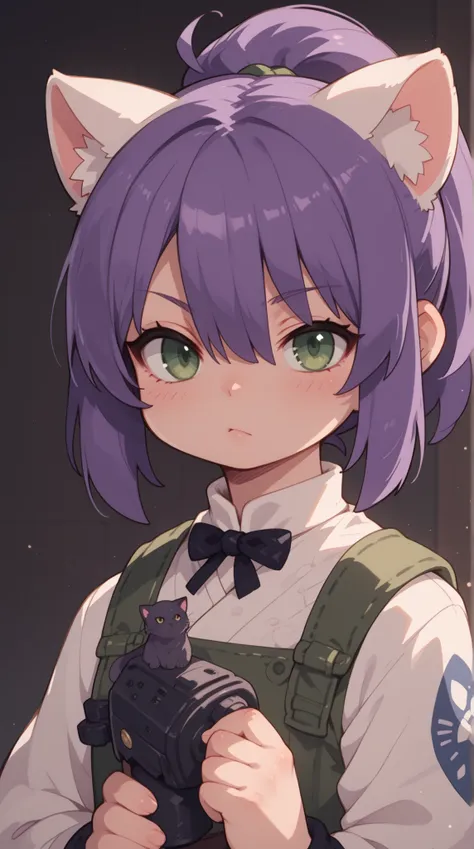 1人の女の子（とても幼い）、full body、,purple hair,okappa,front ponytail,hair over one eye,green eyes, dilated pupils,warrior, despair,cat ears