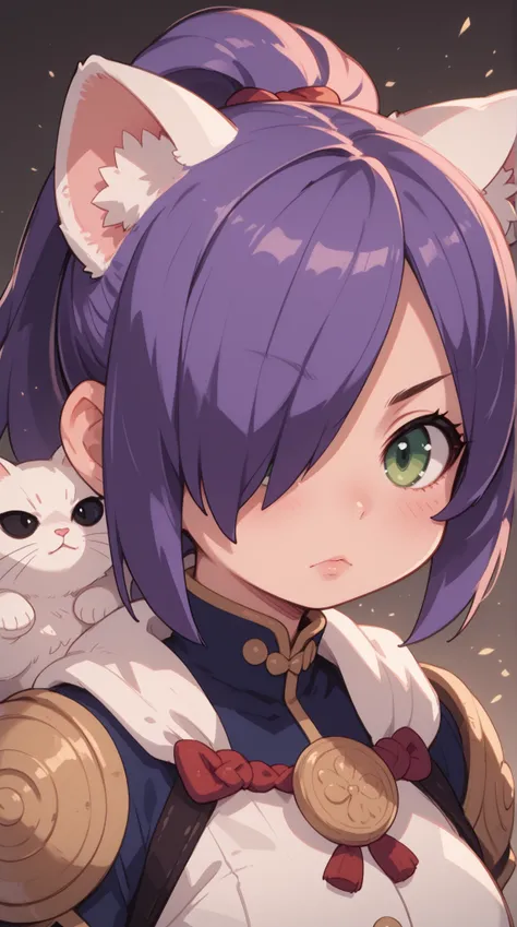 1人の女の子（とても幼い）、full body、,purple hair,okappa,front ponytail,hair over one eye,green eyes, dilated pupils,warrior, despair,cat ears