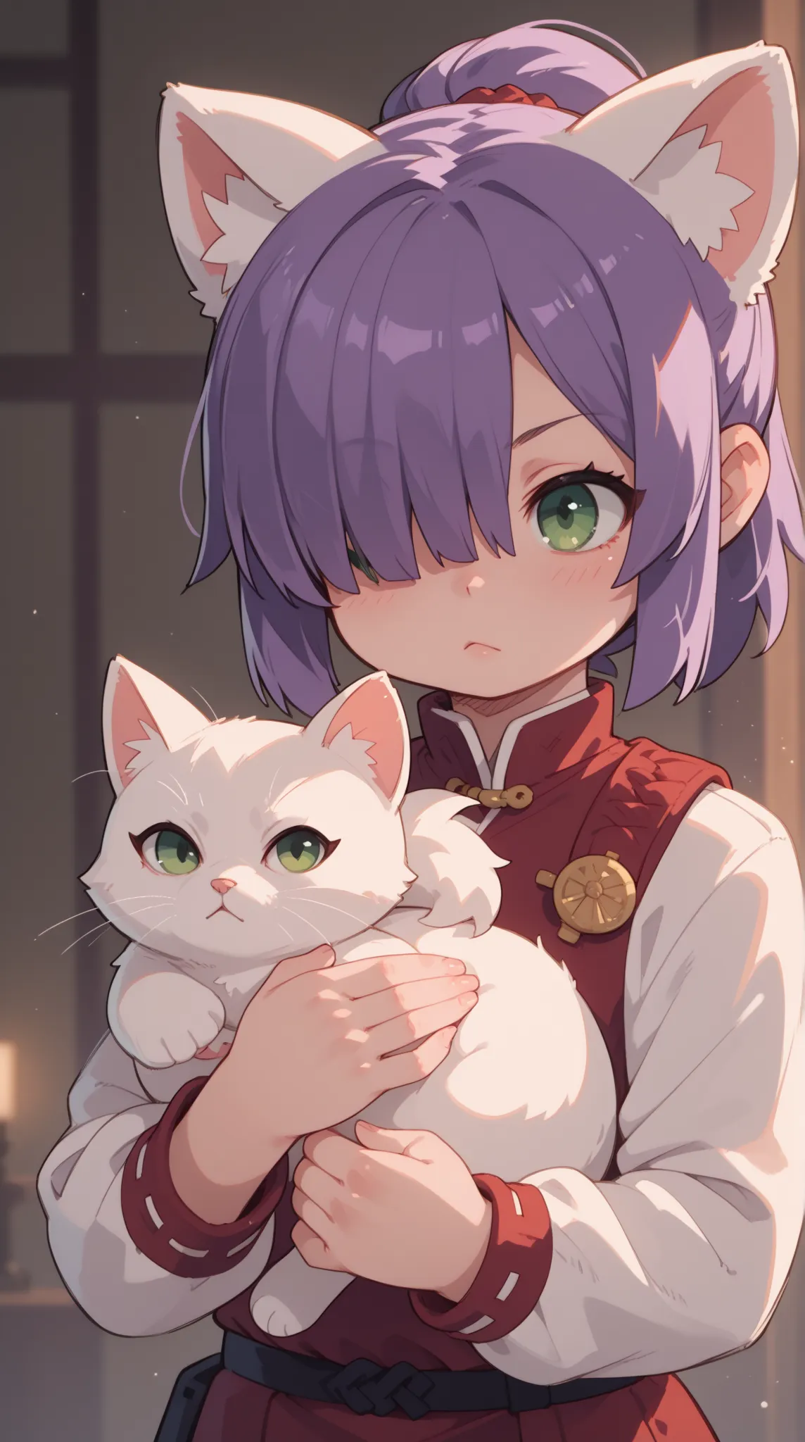 1人の女の子（とても幼い）、full body、,purple hair,okappa,front ponytail,hair over one eye,green eyes, dilated pupils,warrior, despair,cat ears