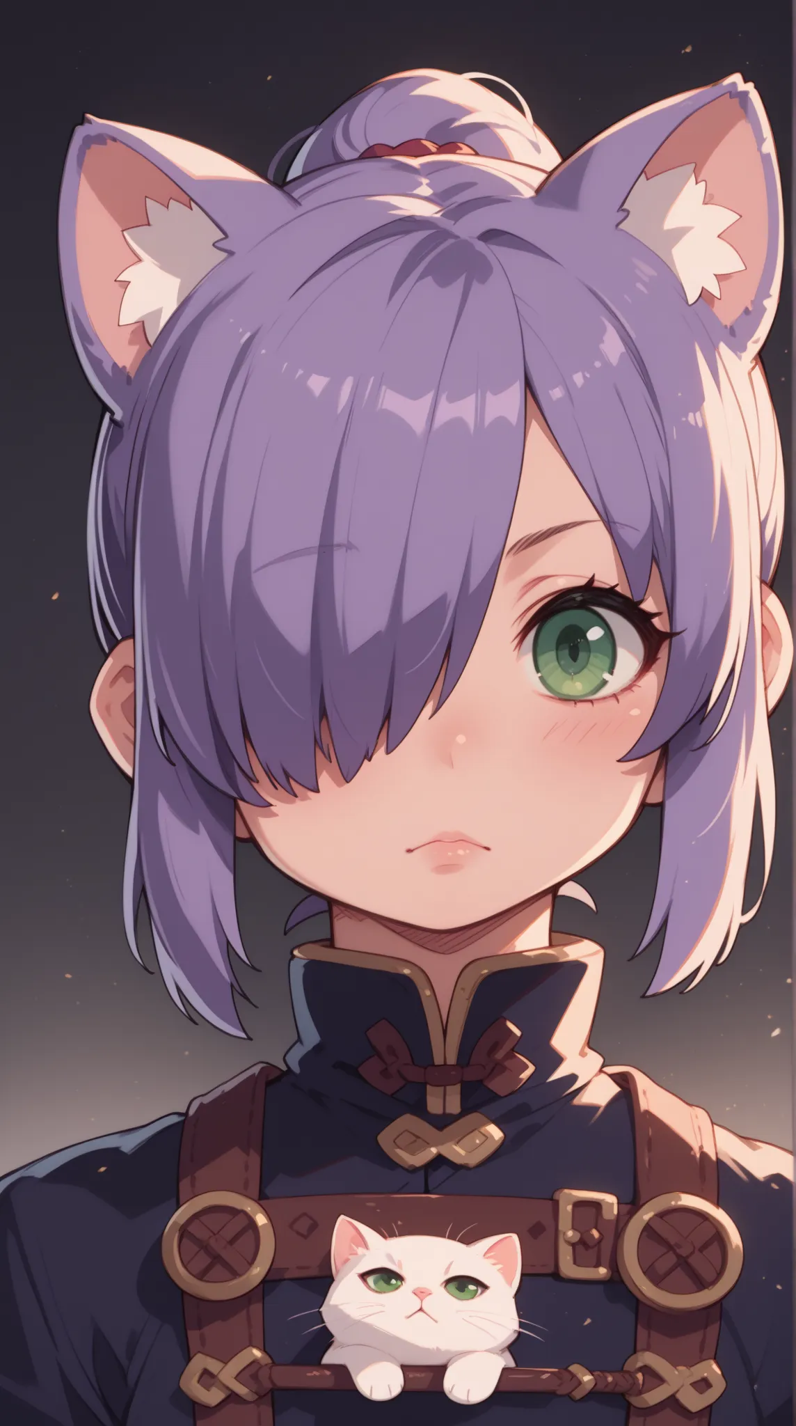 1人の女の子（とても幼い）、full body、,purple hair,okappa,front ponytail,hair over one eye,green eyes, dilated pupils,warrior, despair,cat ears