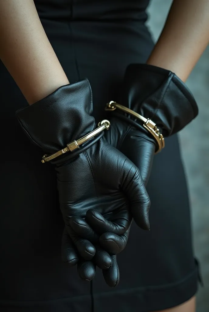 woman's hands at her back with black gloves and handcuffs