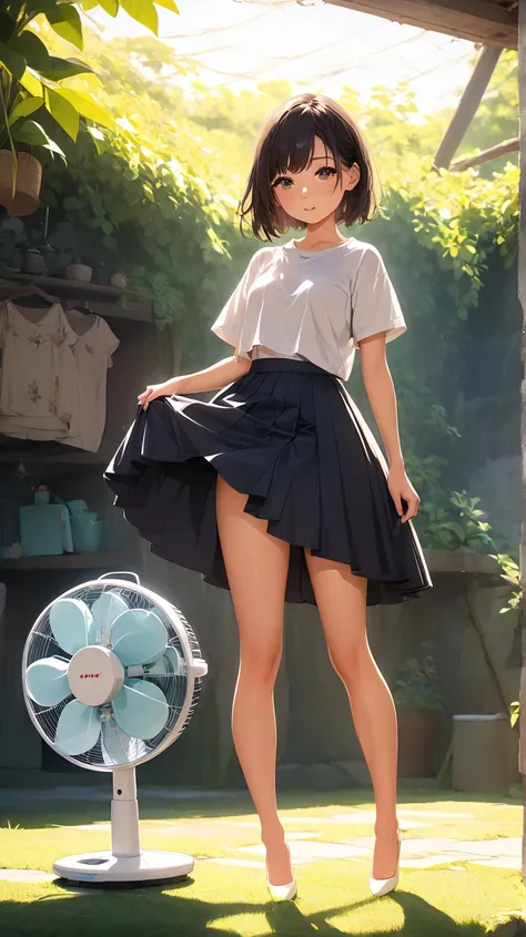 upskirt、amazing thighs、beautiful young woman、full body、shiny skirt with open legs、is standing、fanning crotch, electric fan、JK