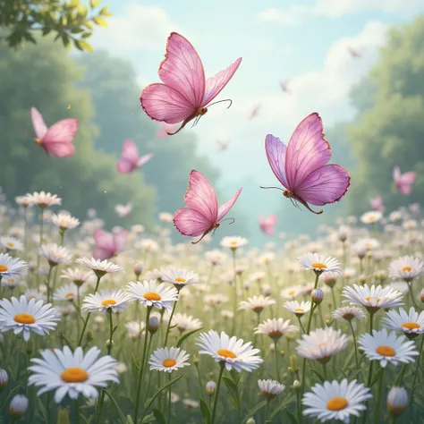 pinkish purplish small and large butterflies white daisies