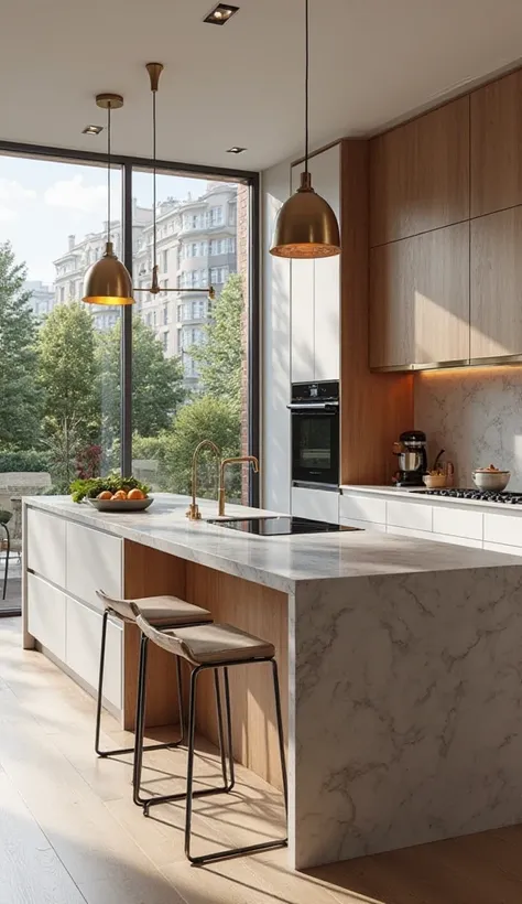 "Create a photorealistic image of a sleek, contemporary designer kitchen that blends functionality with high-end aesthetics. The space features clean lines and minimalist cabinetry in matte white or warm oak finishes, paired with handleless drawers and hid...