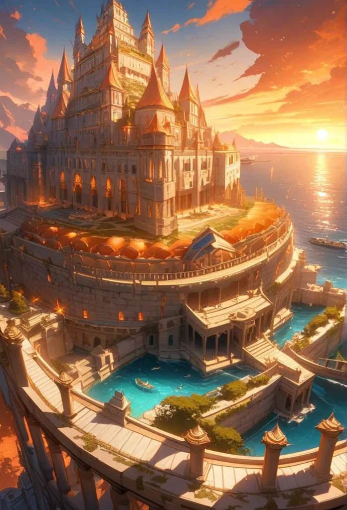 Ancient Greek kingdom, with a wall surrounding a palace, small Greek stone houses surrounding the outside of the wall, a port near the sea, orange dusk, quality aesthetic background