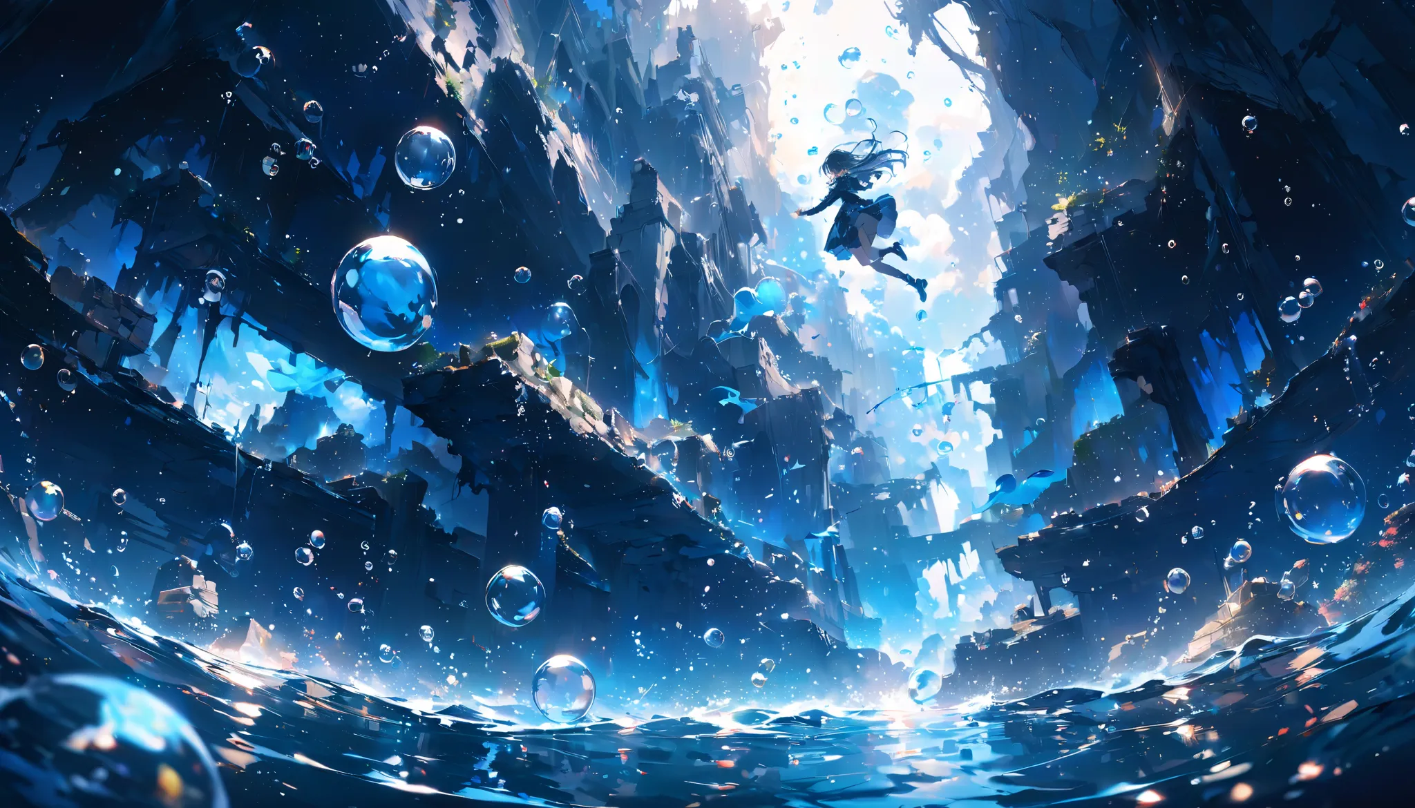 (( amazing absurd falling through the air )),超High Resolution,  attention to detail , high quality, High Resolution, 最high quality, 4K, 8k、Sunken Ruins、 In The Water、 surrounded by bubbles、Deep blue world、whole, Deep blue artwork 