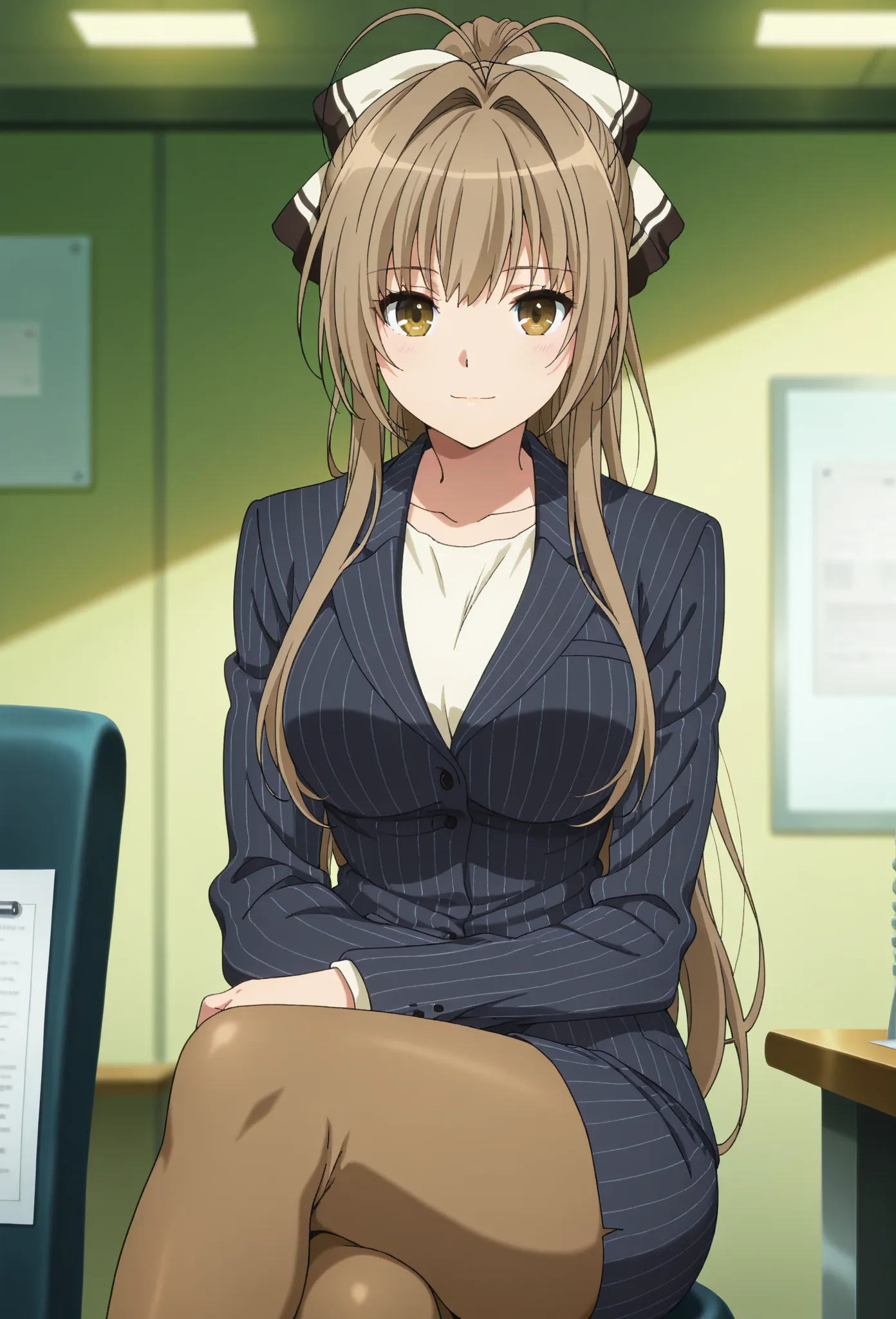 anime screencap, masterpiece, best quality,
1girl, solo, closed mouth, light smile,
long hair, ponytail, brown hair, antenna hair, hair intakes, brown eyes, hair bow,
SentoOffice, pinstripe suit, skirt suit, brown pantyhose,
sitting, crossed legs, looking ...