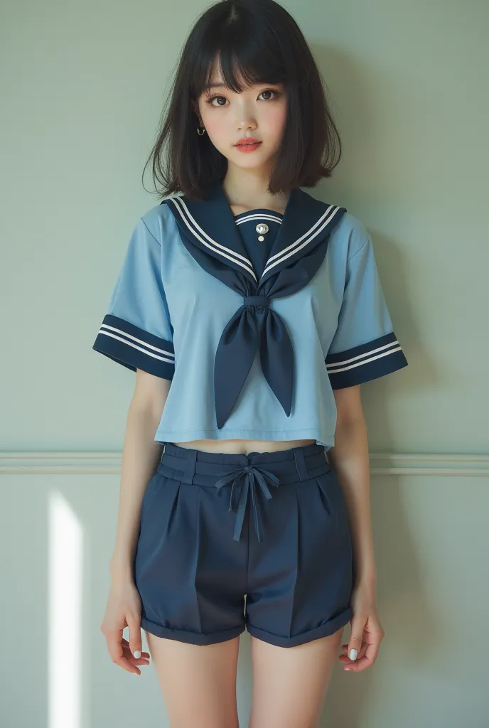 brainwashed upper body is blue short sleeve sailor suit　high leg bloomer high school girl with navy blue lower body
Japanese woman with big breasts　dark eye makeup　Growing Fangs　Nails get longer too　tri-fold socks and loafers　smile mysteriously 　
Full body...