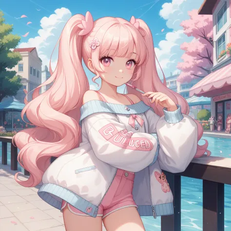 Two blonde ponytails
Light pink eyes
White off shoulder jacket fluffy sleeves
Light pink shorts