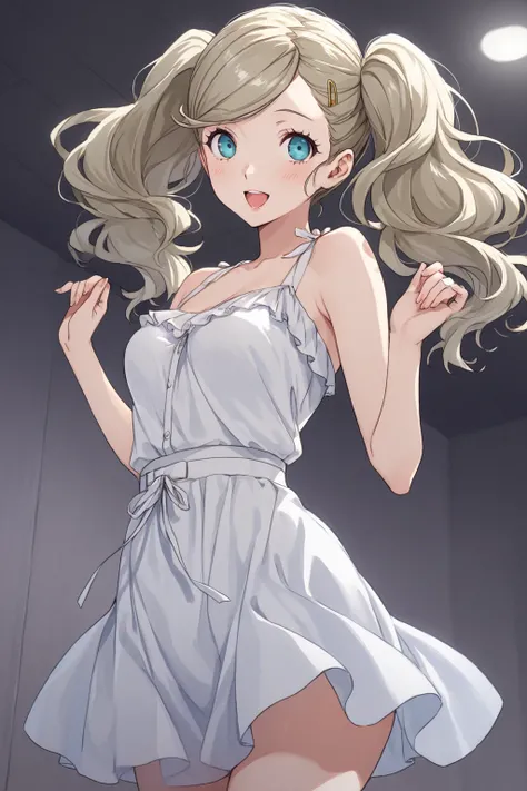 Beautiful Girl、Apricot Takamaki、Persona 5、persona5、wink、twin tails、The skirt flutters、 dance、 downtown、low angle、action line、highest quality、high image quality、4K quality、激しい dance