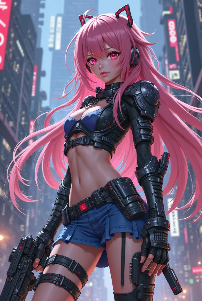 A badass anime chick with long pink hair rocks some crazy futuristic armor and a short blue skirt. She's got glowing red eyes and a bunch of weapons strapped to her. The backdrop is a neon-lit, towering cityscape. The whole scene screams cyberpunk with a d...