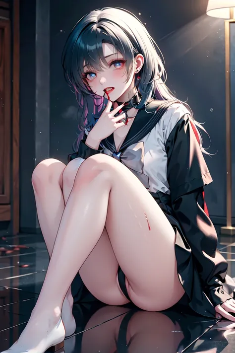 highest quality, High Resolution,  Dark Fantasy Art 。

the black sailor suit shakes。I have a girl chained to the cold, damp floor。(full body shot)、
the vampire inside her wakes up、the enemy's magic(her heart hasn't fallen:1.4)。
(her vertical dark pupils gl...