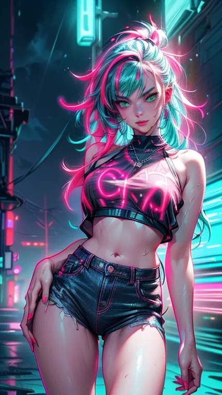 girl rave,(((1girl))),((girl with extremely cute and beautiful pink hair)),((asian features)), (large breasts:1.4),saggy breasts,(((neon pink hair:1.35,wild hair,long hair:1.4,colored inner hair,ear breathing))),(((neon_green_eyes:1.3))),intricate eyes,bea...