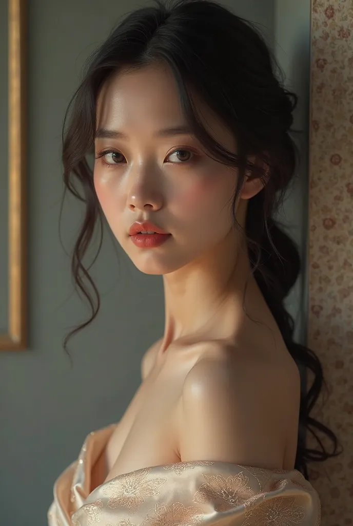 Korean girl in a sexy silk dress