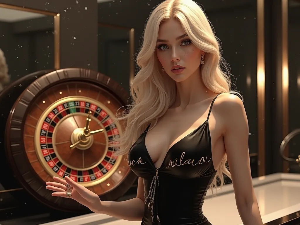 Female Model，Sexy， fair skin，blond ，raise your left hand to introduce the roulette wheel on the left，full body，“77 Luck” on the chest of the dress