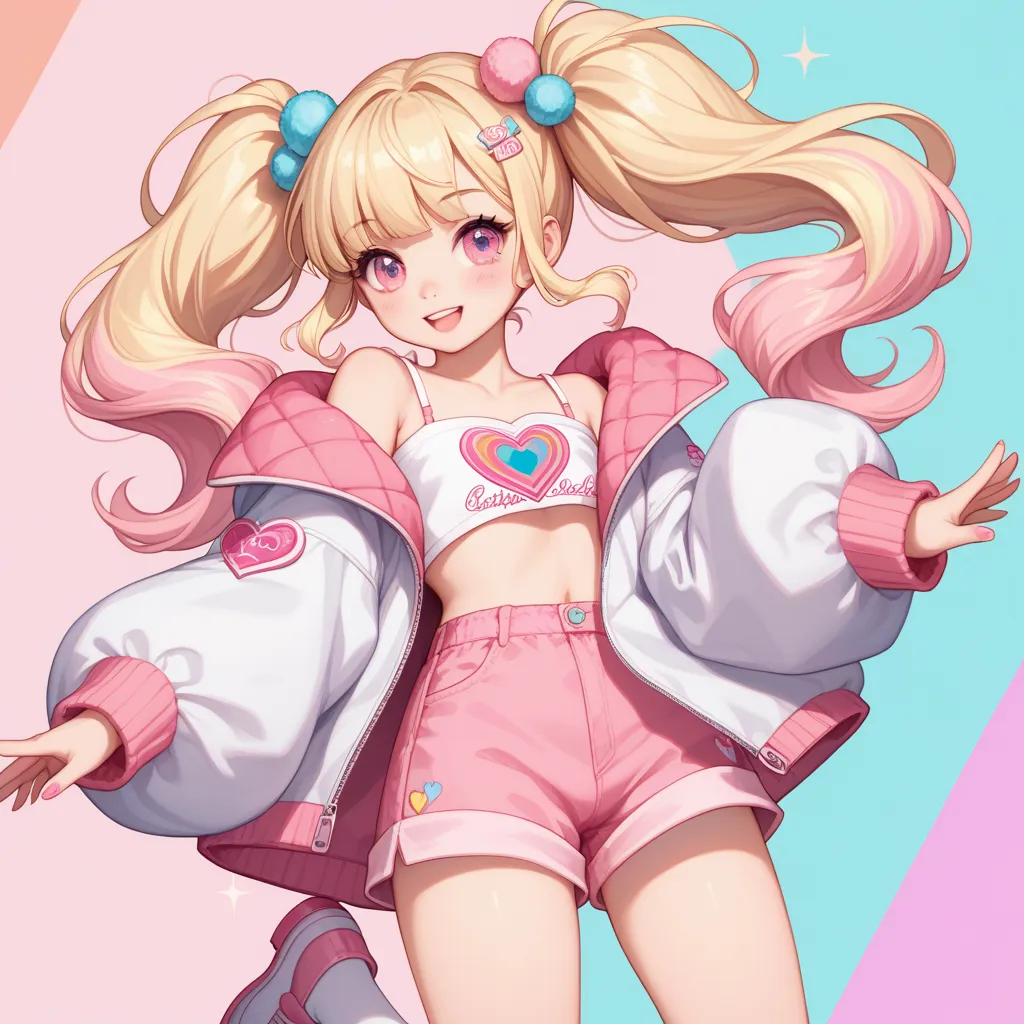 blonde pigtails
Light pink eyes
White off shoulder jacket
fluffy sleeves
Light pink shorts
Light pink school shoes with socks